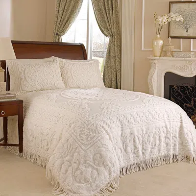 Hivvago King Size 100% Cotton Chenille Bedspread In White Ecru With Fringe Sides