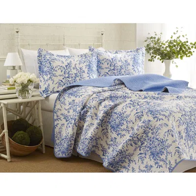 Hivvago King Size 100-percent Cotton Quilt Bedspread Set With Blue White Floral Leaves Pattern