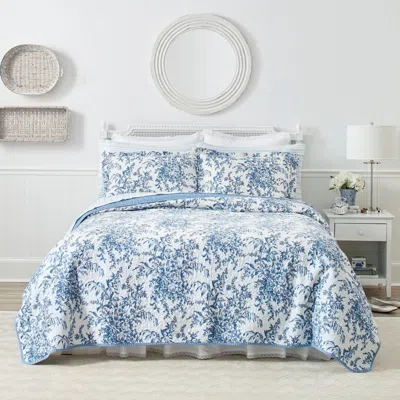 Hivvago King Size 3 Piece Bed-in-a-bag Reversible Blue White Floral Cotton Quilt Set