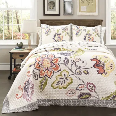 Hivvago King Size 3 Piece Floral Boho Cotton Off-white Navy Pastel Quilt Set In Multi