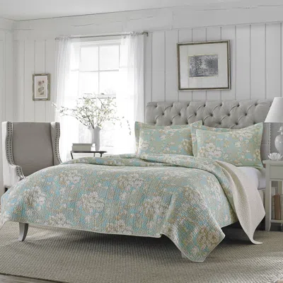 Hivvago King Size 3-piece Reversible Cotton Quilt Set With Seafoam Blue Beige Floral Pattern In Green