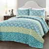 Hivvago King Size Cotton 3 Piece Reversible Blue White Green Floral Damask Quilt Set In Blue