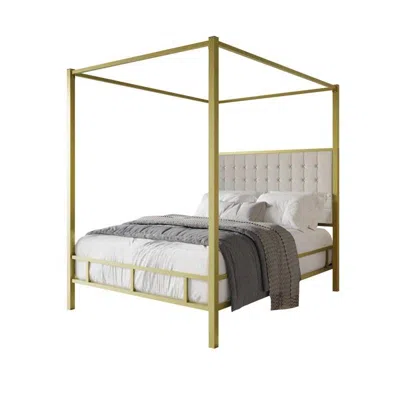 HIVVAGO KING SIZE GOLD METAL CANOPY BED WITH UPHOLSTERED BUTTON-TUFTED HEADBOARD