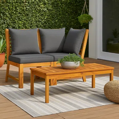 Hivvago Kio 3pc Outdoor Sofa And Coffee Table Set Dark Gray, Solid Acacia Wood