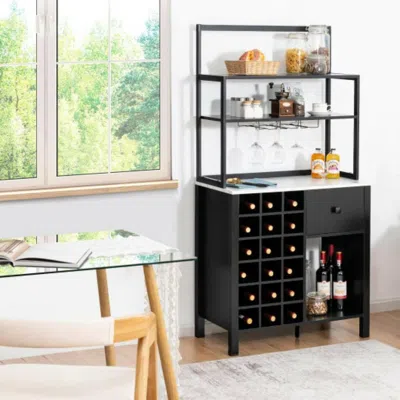 Hivvago Kitchen Bakers Rack Freestanding Wine Rack Table With Glass Holder And Drawer-black
