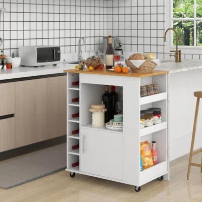Hivvago Kitchen Cart On Wheels With Bamboo Top And 6-bottle Wine Rack-white