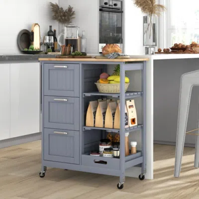 Hivvago Kitchen Island Cart On Wheels With Rubber Wood Top And 3 Drawersand Removable Tray-gray