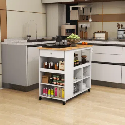 Hivvago Kitchen Island Trolley Cart On Wheels With Storage Open Shelves And Drawer-white