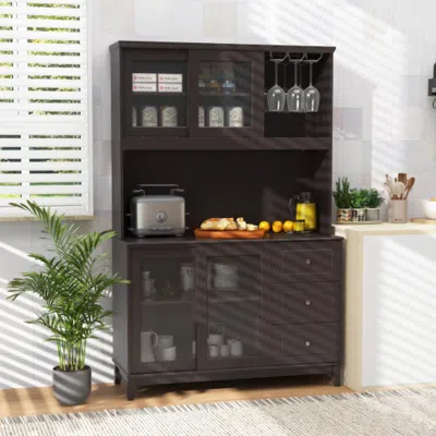 Hivvago Kitchen Pantry Storage Cabinet Kitchen Hutch With Led Lights And Power Outlet-dark Brown