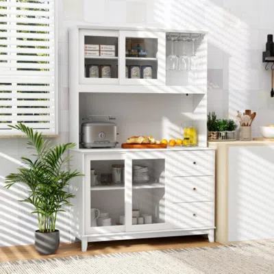 Hivvago Kitchen Pantry Storage Cabinet Kitchen Hutch With Led Lights And Power Outlet-white