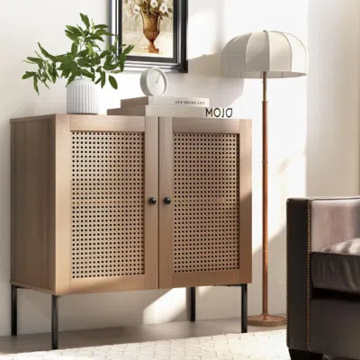 Hivvago Kitchen Sideboard With 2 Rattan Doors And Adjustable Shelf-natural In Brown
