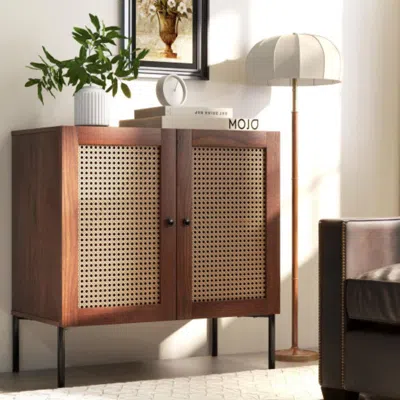 Hivvago Kitchen Sideboard With 2 Rattan Doors And Adjustable Shelf-walnut In Brown