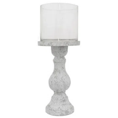 Hivvago Kris Candle Holder, Hurricane Glass Top, White Gray Ceramic 15 Inch