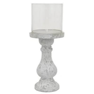 Hivvago Kris Candle Holder With Hurricane Glass Top, White Gray Ceramic 7 Inch