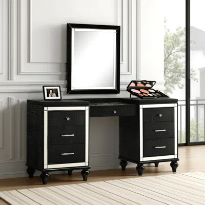 Hivvago Kya 64 Inch Vanity Dresser Table With 7 Drawers, Mirrored Trim, Glam Black
