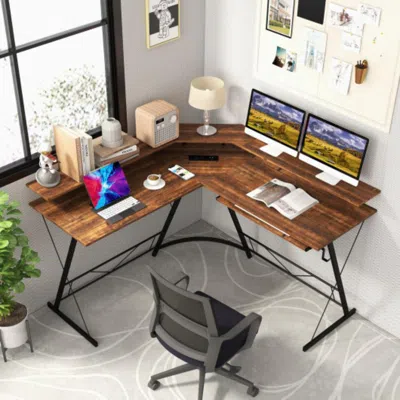 Hivvago L-shaped Computer Desk With Power Outlet And Monitor Stand-rustic Brown