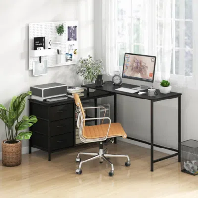 Hivvago L-shaped Computer Desk With Power Outlet For Working Studying Gaming-black