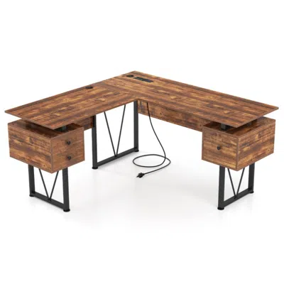 Hivvago L-shaped Computer Desk With Power Outlets And 3 Storage Drawers-rustic Brown