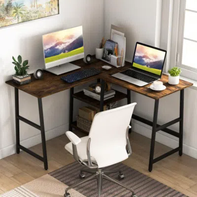 Hivvago L Shaped Corner Computer Desk With Storage Shelves-brown