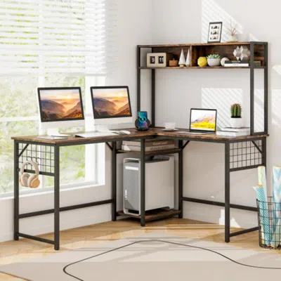 Hivvago L-shaped Desk With Power Outlet Hutch-rustic Brown