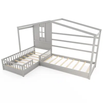 Hivvago L-shaped Double Twin Beds House Platform Beds With Fences Corner Bed Frame In Gray