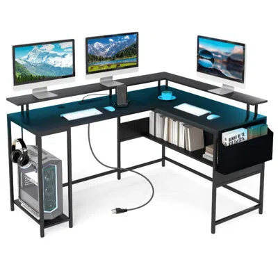 Hivvago L-shaped Gaming Desk With Led Lights And Power Outlets Home Office Computer Desk