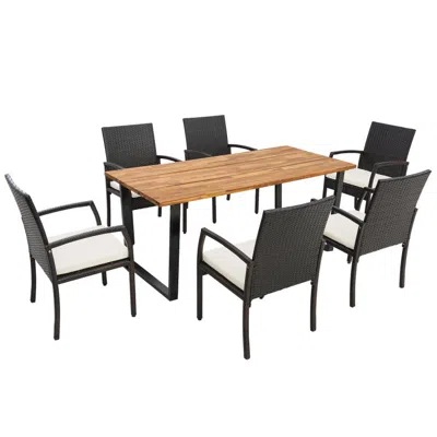 Hivvago L-shaped Handrail 7 Pieces Patio Rattan Dining Set With Umbrella Hole In Black