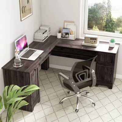 Hivvago L-shaped Office Desk With Storage Drawers And Keyboard Tray-dark Brown