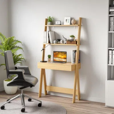 Hivvago Ladder Shelf Desk Bookcase With Countertop Drawer And 2 Shelves-natural