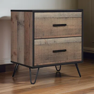 Hivvago Lala 25 Inch Nightstand, 2 Drawers, Black Handles, Rustic Brown Wood Finish