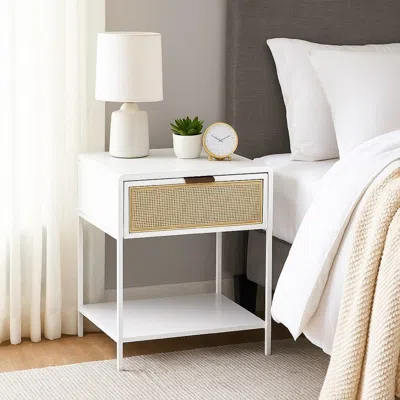 Hivvago Lanie Bedside Table With Drawer And Open Shelf, Pe Cane, White Metal