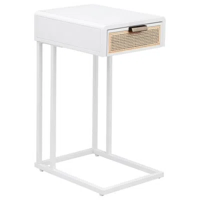 Hivvago Lanie Side C Table, 1 Drawer, Sleek White Metal Frame, Faux Rattan