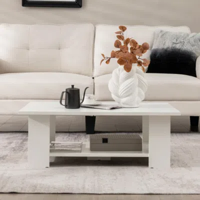 Hivvago Large 36 Inch 2-tier Wooden Modern Coffee Table With Storage Shelf In White