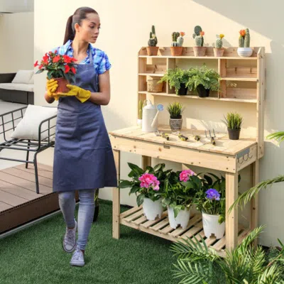 Hivvago Large Garden Potting Bench Table With Display Rack And Hidden Sink-natural