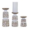 Hivvago Leaf Pattern Candle Holder With Wood Design (set Of 3) In White