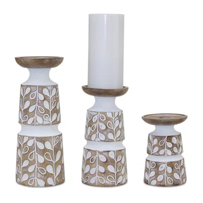 Hivvago Leaf Pattern Candle Holder With Wood Design (set Of 3) In White