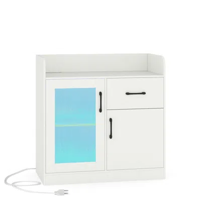 Hivvago Led Buffet Sideboard With Charging Station With Drawer And Translucent Fluted Door In White