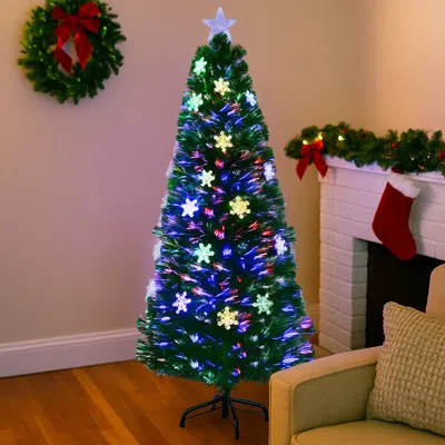 Hivvago Led Lit Fiber Optic Xmas Tree With Snowflake Tips - 3 To 6 Ft Sizes Available In Multi