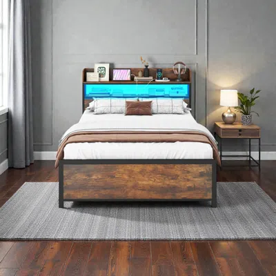 Hivvago Led Platform Bed Frame With Built-in Power Outlets And Storage Headboard In Brown
