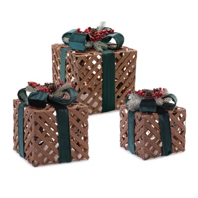 Hivvago Led Woven Packages With Bow Arrangement (set Of 3) In Brown