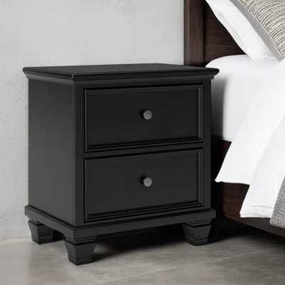 Hivvago Lemo Nightstand, 2 Wide Drawers, Nickel Round Knobs, Black Solid Wood