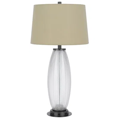 Hivvago Leno 32 Inch Table Lamp, Leaf Pattern Clear Glass Base, Beige Shade