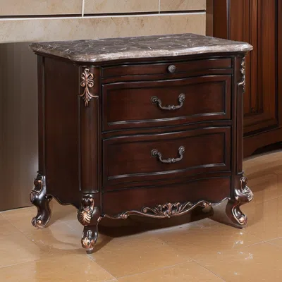 Hivvago Leon 32 Inch 2 Drawer Nightstand, Carved Details, Marble Surface, Brown
