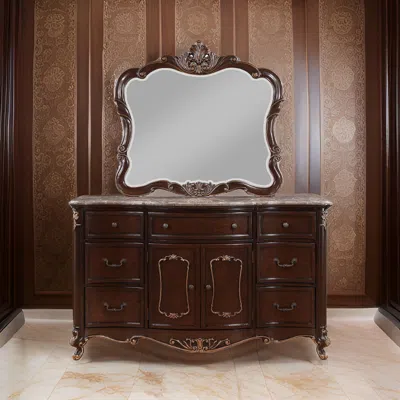 Hivvago Leon 46 X 47 Dresser Mirror, Beveled, Carved Details, Dark Walnut Finish