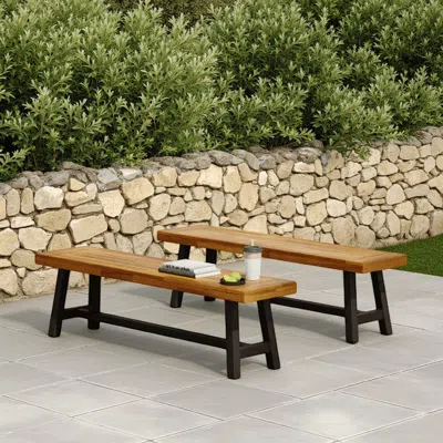 Hivvago Leslee Outdoor Bench Set Of 2, Light Brown Wood, Black Metal, 63 Inch