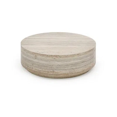 Hivvago Lia 39 Inch Coffee Table, Round Travertine Stone Finish Laminated Top