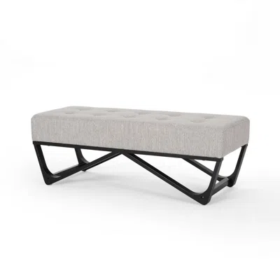 Hivvago Liba Ottoman Bench, Button Tufted Beige Fabric, Black Frame, 47 Inch In White