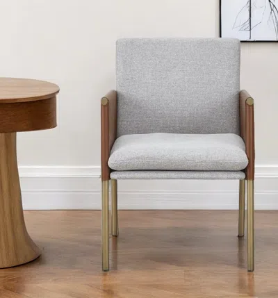 Hivvago Light Gray And Antiqued Brass Upholstered Fabric Dining Arm Chair In Multi