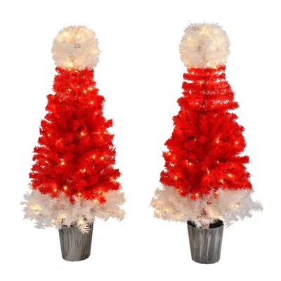 Hivvago Lighted Santa Hat Style Christmas Tree Set Of 2, 4ft Artificial Tree With Warm White Lights In Red