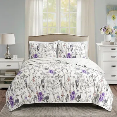 Hivvago Lightweight Purple Grey White Floral Quilt Set